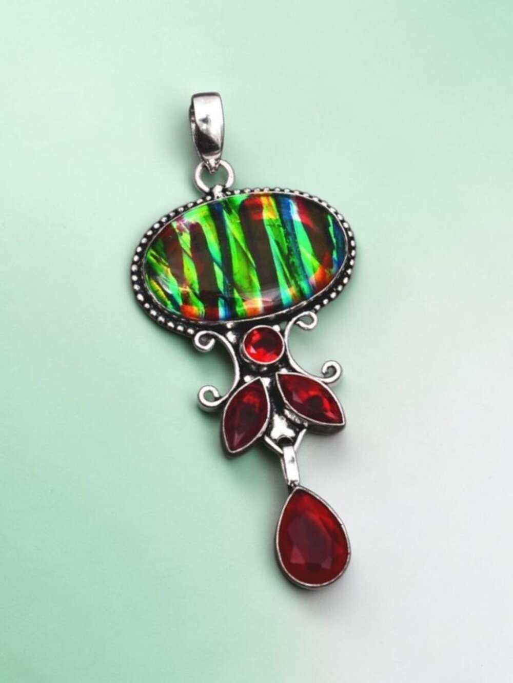 Ammolite Opal Garnet Gemstone Pendant 3.2"